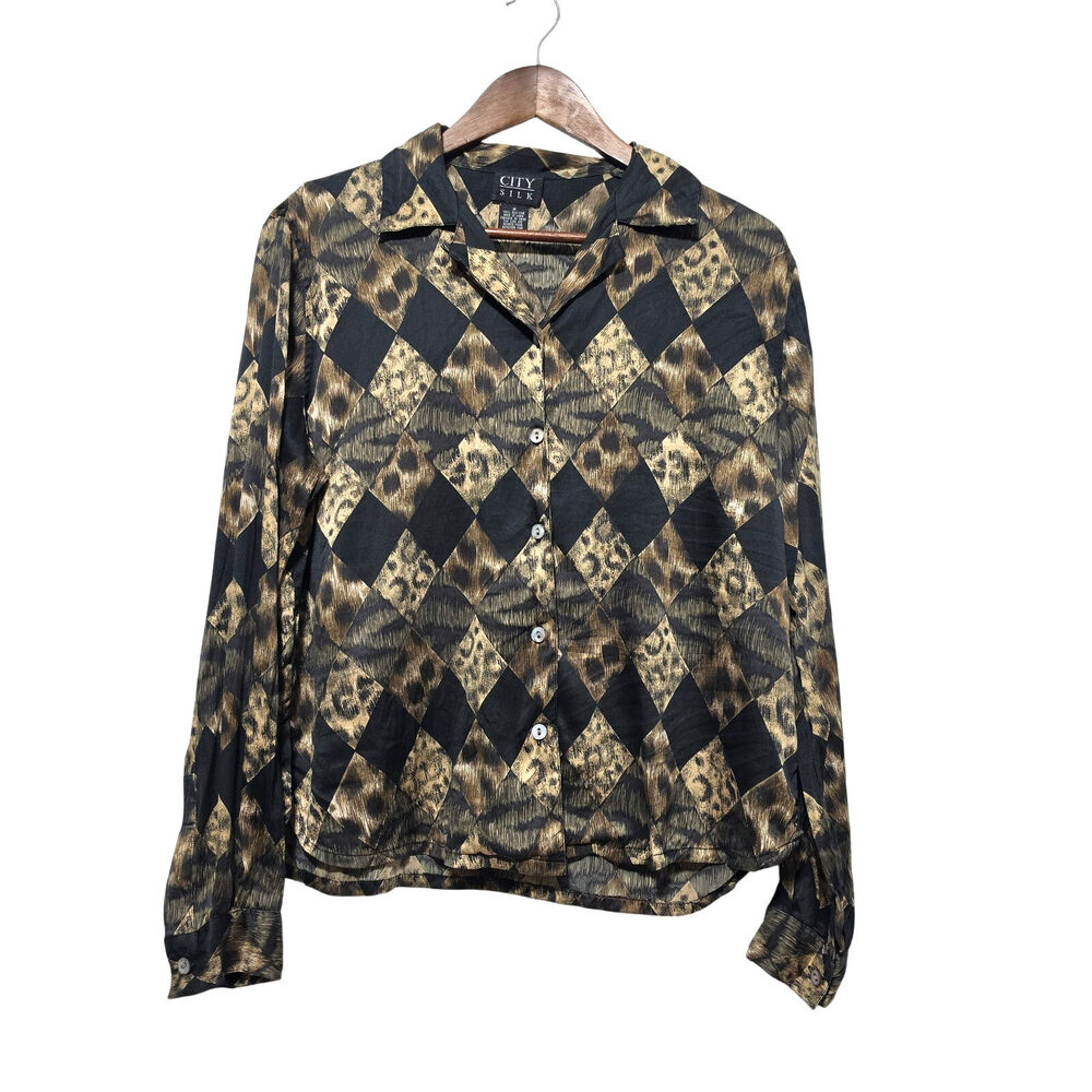 City Silk 100% Silk Button-Up Blouse Women's Size M Diamond Animal Print